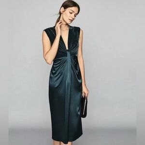 Reiss Livvy plunge neckline midi dress green velvet satin Size 8 $425 Retail